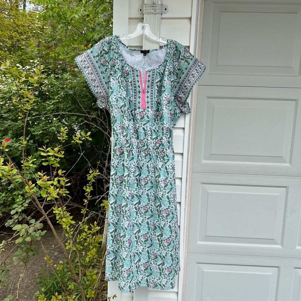 NWT Talbots Pretty Greens Pink Floral Short Sleeve Cotton Lined MIDI Dress